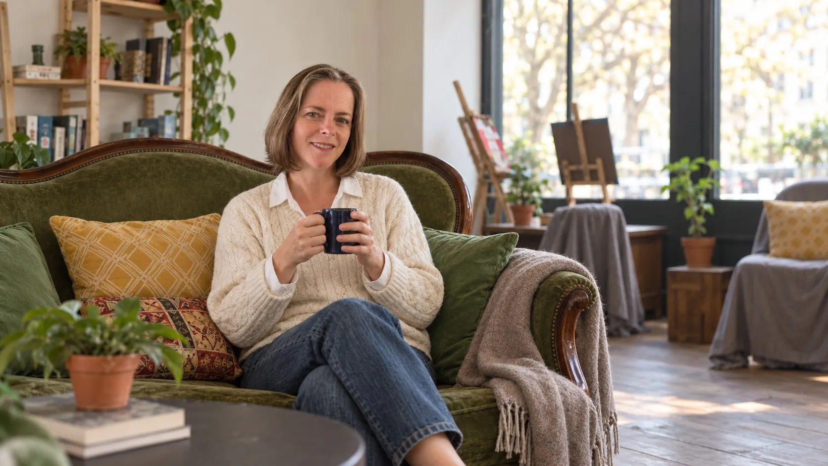 Helen assise sur la banquette verte de la salle, une tasse à la main, qui regarde vers vous