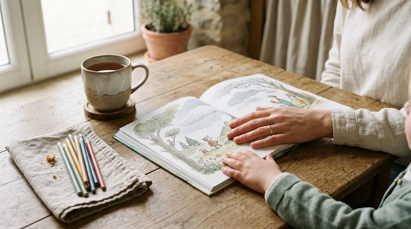 Une main d’adulte et une main d’enfant posées sur un livre illustré ouvert, sur une table en bois